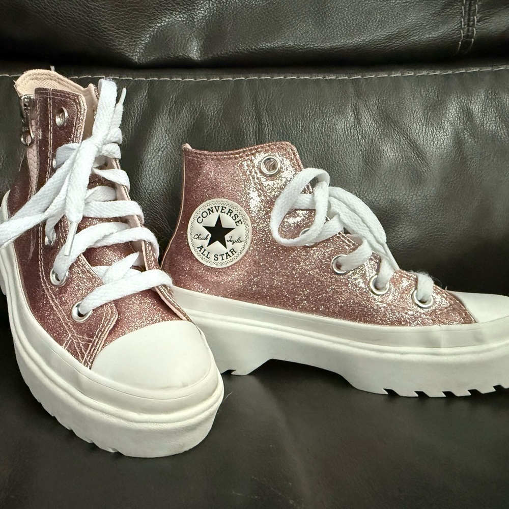Girls size 12.5 Converse Rose Gold Glitter Platform Sneakers.